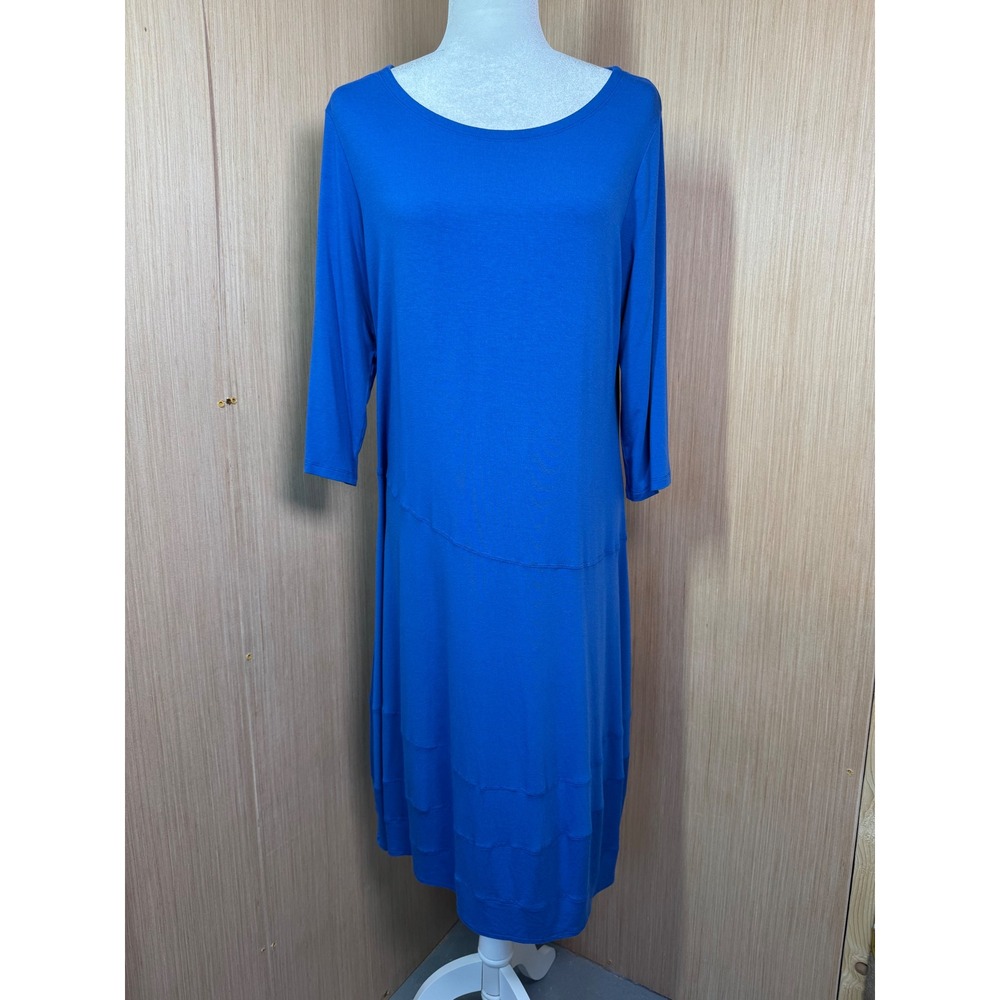 Eileen Fisher Royal Blue Jersey 3/4 Sleeve Asymmetrical Tiered Midi Dress L